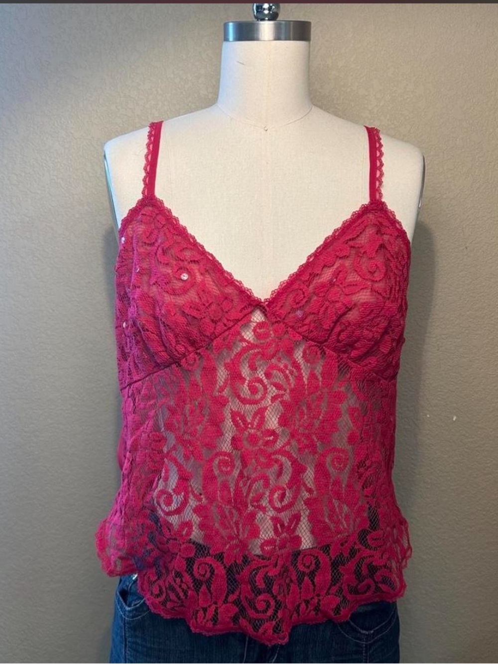 Vintage Gold Label Victorias Secret Pink Sequin Lace Mesh Cami Tank Top size m